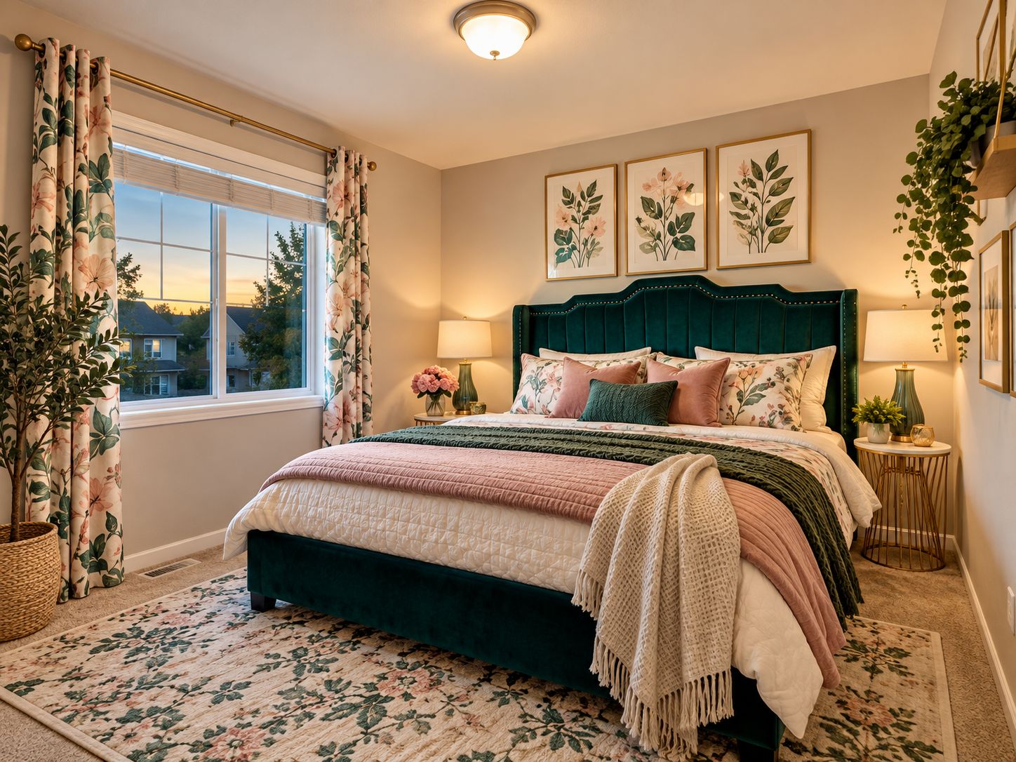 Een slaapkamer met een groot bed, bloemen gordijnen, uitzicht op huizen buiten het raam, en drie ingelijste botanische prints aan de muur.