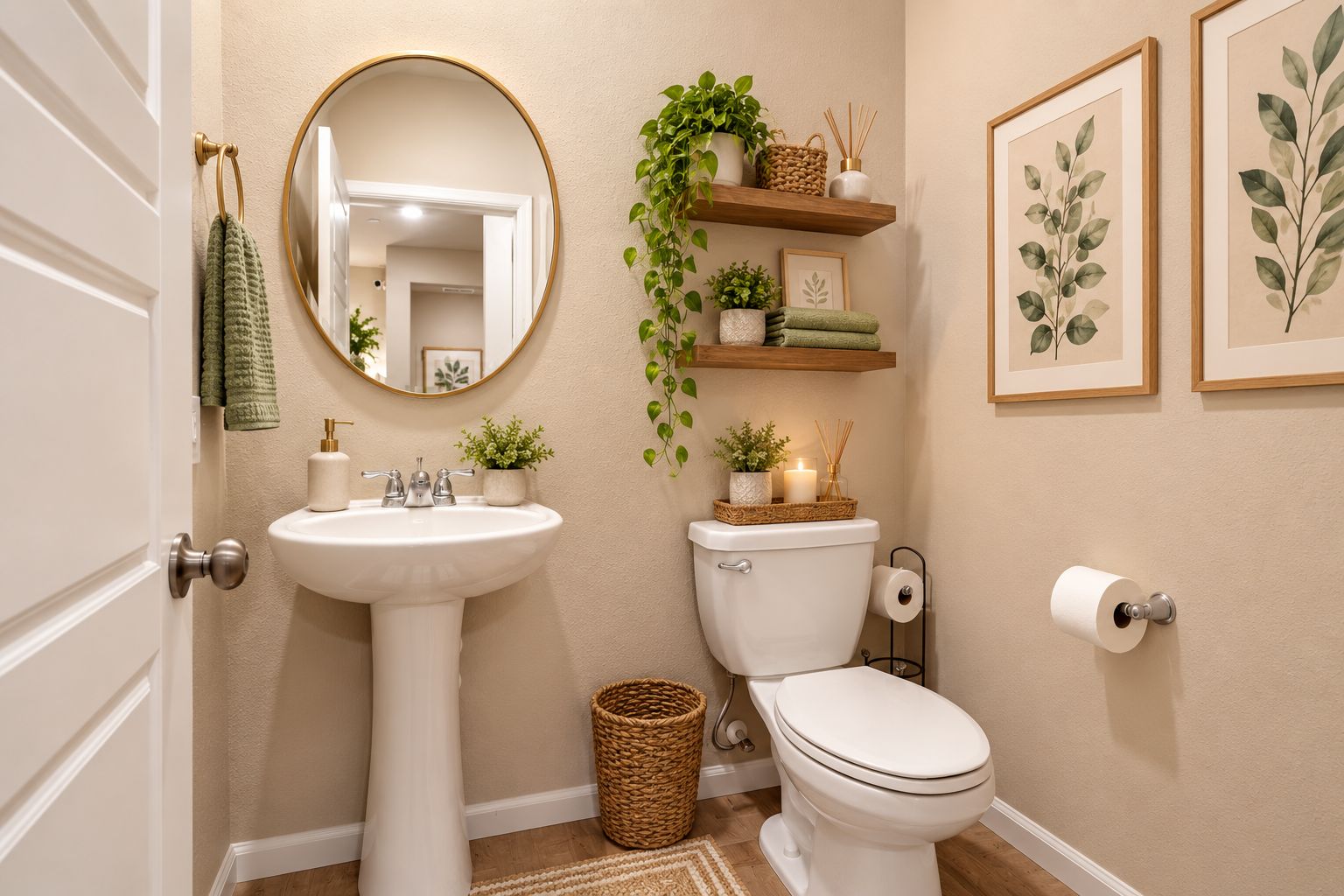 A bathroom with a sink, toilet, and a mirror. There are plants and a candle on the wall.