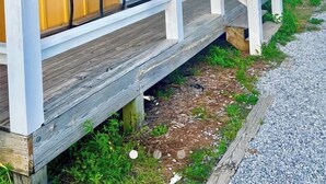A row of colorful beach houses with a wooden porch and a sign that reads "Caribbean Beach." - Gulf-front! Beachfront! Directly on the Sand! New Boardwalk! Amazing Ocean View! (Mexico Beach)