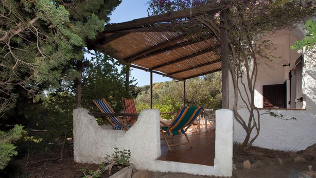 Un espacio al aire libre cubierto con sillas y una mesa, rodeado de vegetación natural y un muro de piedra.