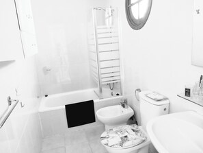 Appartement | Badkamer | Een douche, een haardroger, handdoeken, toiletpapier