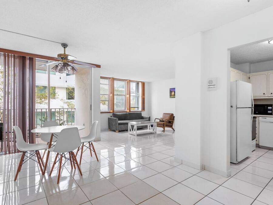 A modern kitchen with white cabinets, a refrigerator, and a microwave.