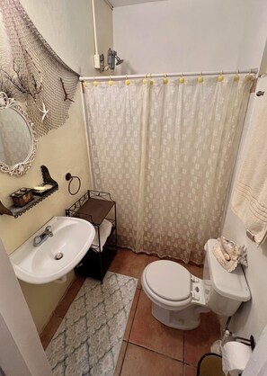 Shower, hair dryer, towels, toilet paper
