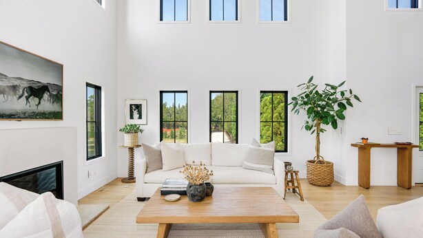 A spacious living room with a large sofa, a coffee table, and a potted plant. There are multiple windows providing natural light and views of greenery outside.