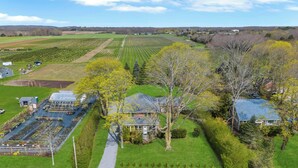 An aerial view of a rural property with multiple greenhouses, a large field, and a house surrounded by trees. - Cozy North Fork Home Among the Best Wineries in the Northeast, Minutes to... (Aquebogue)