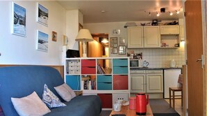 A compact living space with a sofa, a small table, a kitchenette, and a bookshelf. - 50m from ski slopes, floor -1, terrace, tv, ski locker, 45m², Risoul (Risoul)