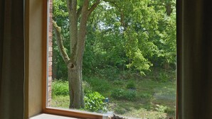 A window with a view of a tree and greenery outside. - Pure tranquillity: vacation apartment close to nature in Unkengrund (Nordwestuckermark)