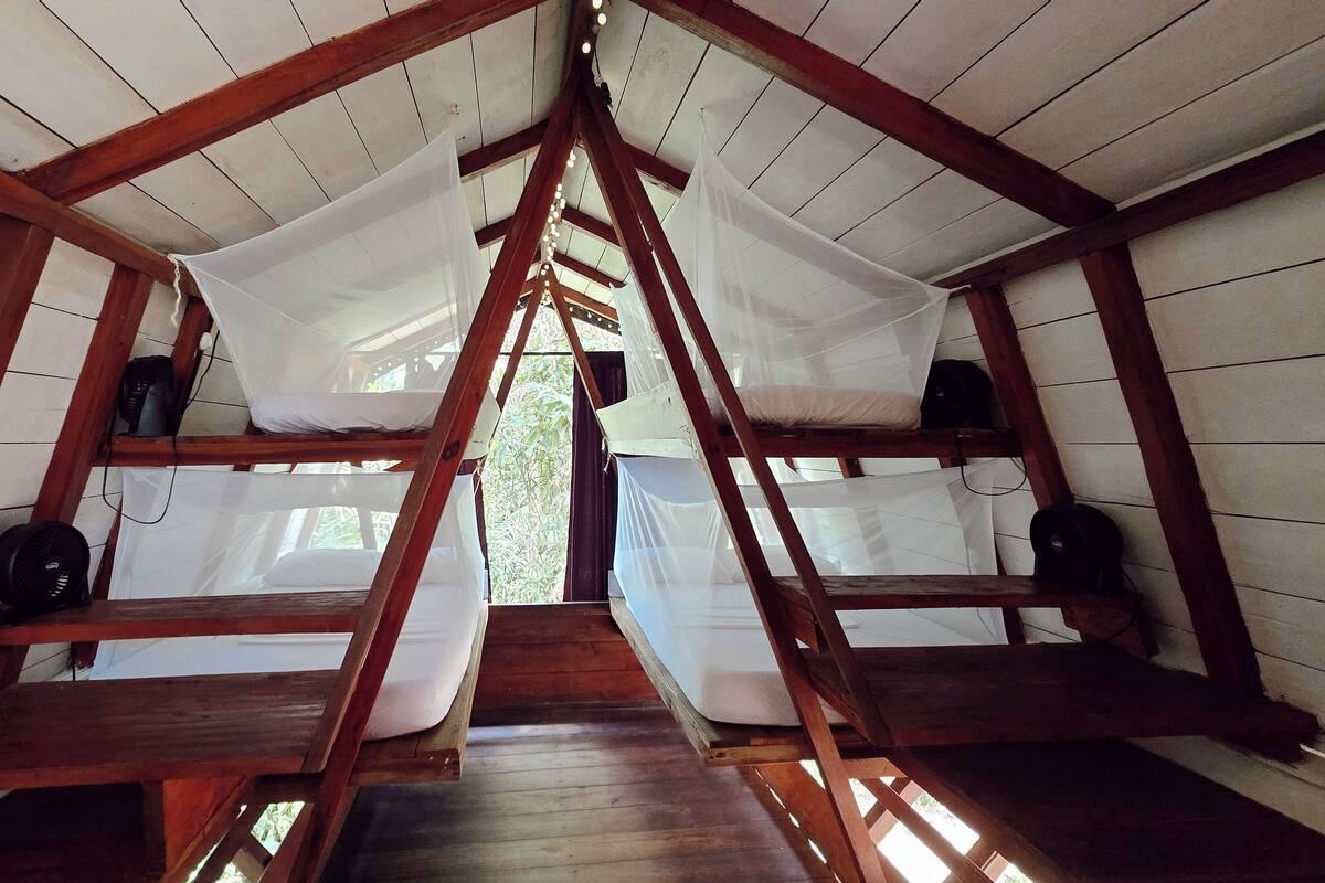 A wooden cabin with a central staircase, wooden beams, and white curtains.