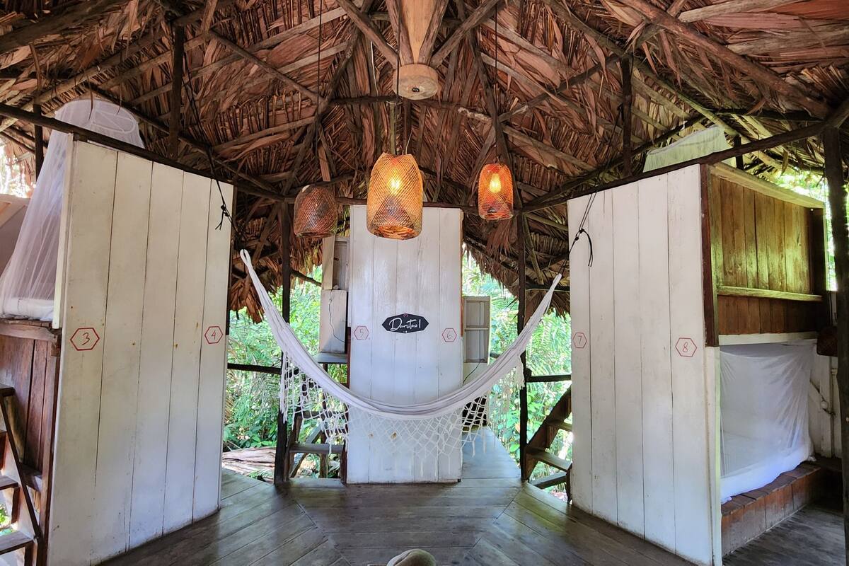 A rustic wooden room with a thatched roof, a hammock, and a wooden ladder.