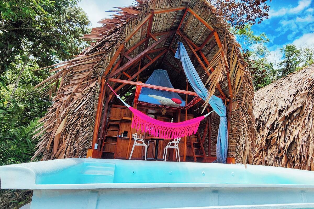 A thatched-roof hut with a pool and hammocks.