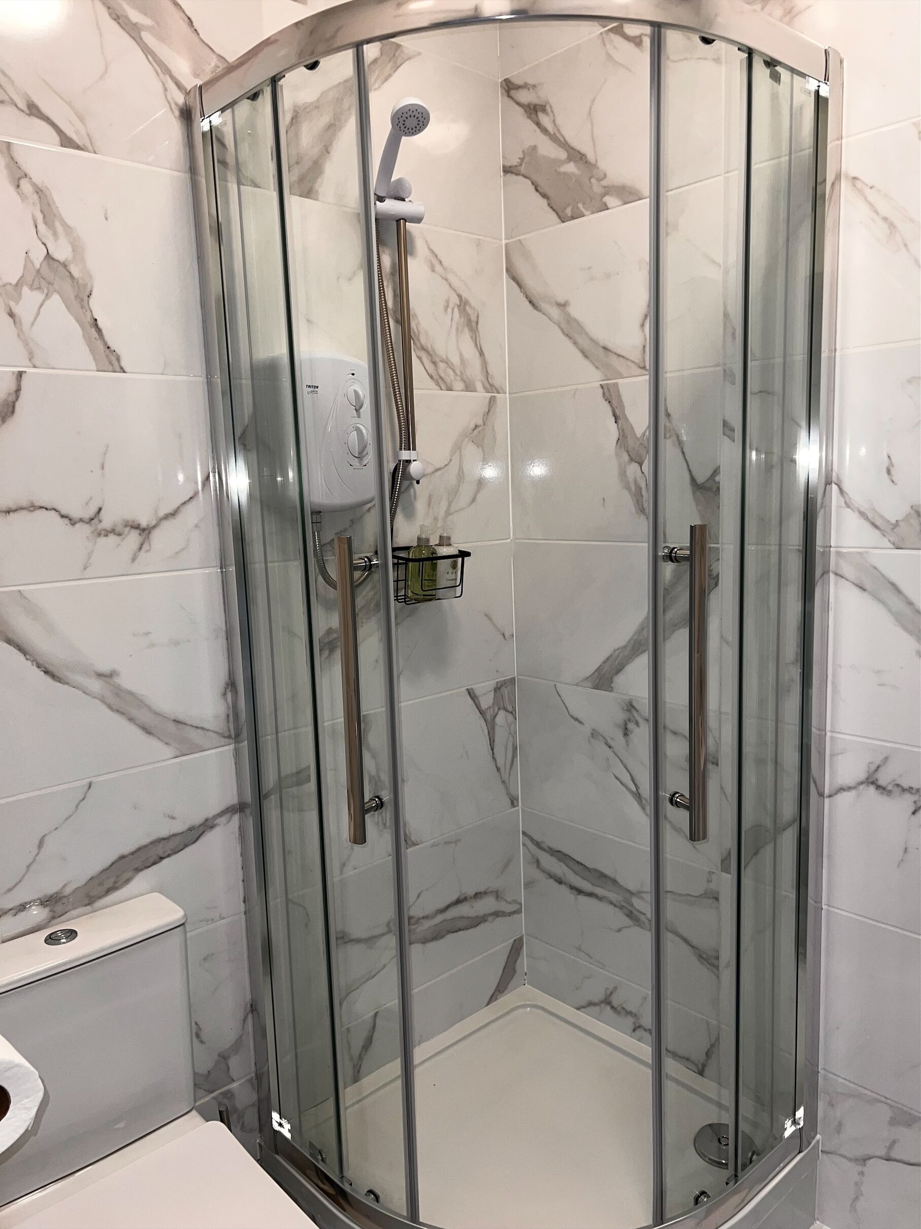 Hair dryer, towels, soap, toilet paper