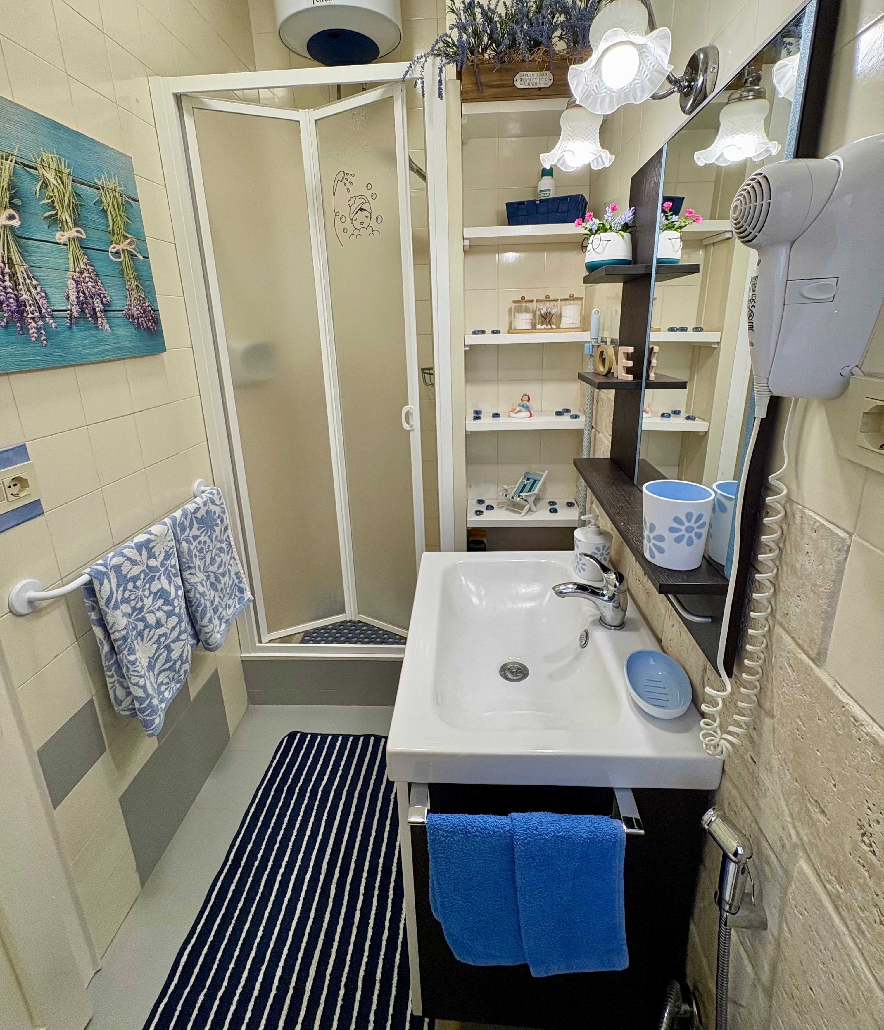 A bathroom with a shower, sink, and mirror.