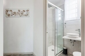 Shower, hair dryer, bidet, towels