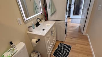 Hair dryer, towels, soap, shampoo