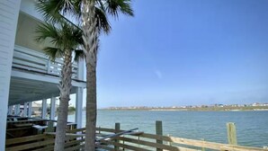 Una propiedad frente al agua con muelle de madera, palmeras y vista al mar.