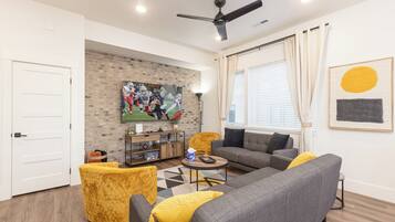 Smart TV, fireplace, table football