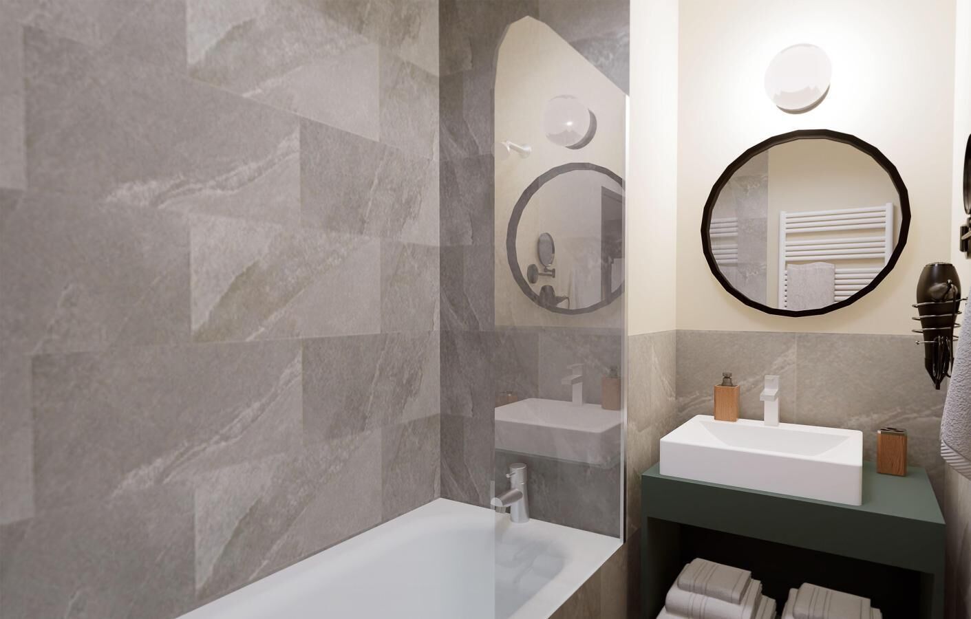 Un bagno moderno con una vasca, un lavandino e uno specchio.