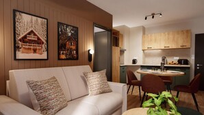 A cozy living area with a sofa, a dining table, and chairs. There are framed pictures on the wall, a kitchen with wooden cabinets, and a door leading to another room. - Wifi, ski-in/ski-out & foot of the slopes, fitness, swimming pool, balcony, parking, tv, ski locker (Vars)