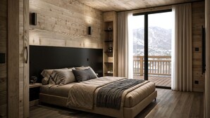 A bedroom with a wooden headboard, a large bed, a nightstand, a bedside table, a window with curtains, and a view of mountains.