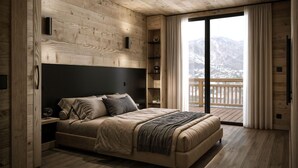 A bedroom with a large bed, wooden walls, a sliding glass door to a balcony, and a mountain view. - Chalet, wifi, 300m from resort center, sauna, terrace, fireplace or stove, parking, tv, ski locker (Les Deux Alpes)