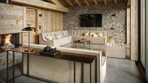 A modern living room with a stone wall, a wooden ceiling, a sofa set, a coffee table, and a fireplace. - Chalet, wifi, 300m from resort center, sauna, terrace, fireplace or stove, parking, tv, ski locker (Les Deux Alpes)