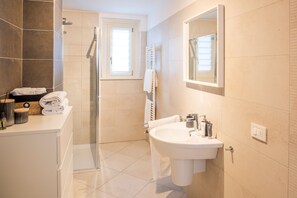 Shower, hair dryer, towels