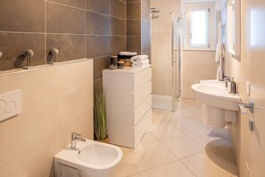 Shower, hair dryer, towels