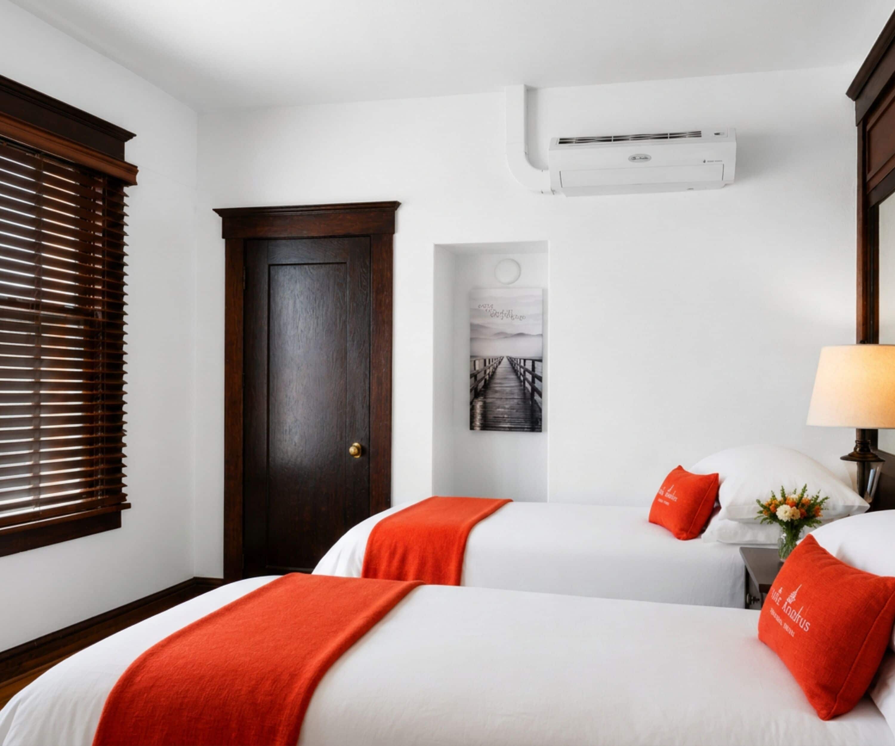 A hotel room with two beds, a wooden door, an air conditioning unit, a wall-mounted artwork, and a lamp.