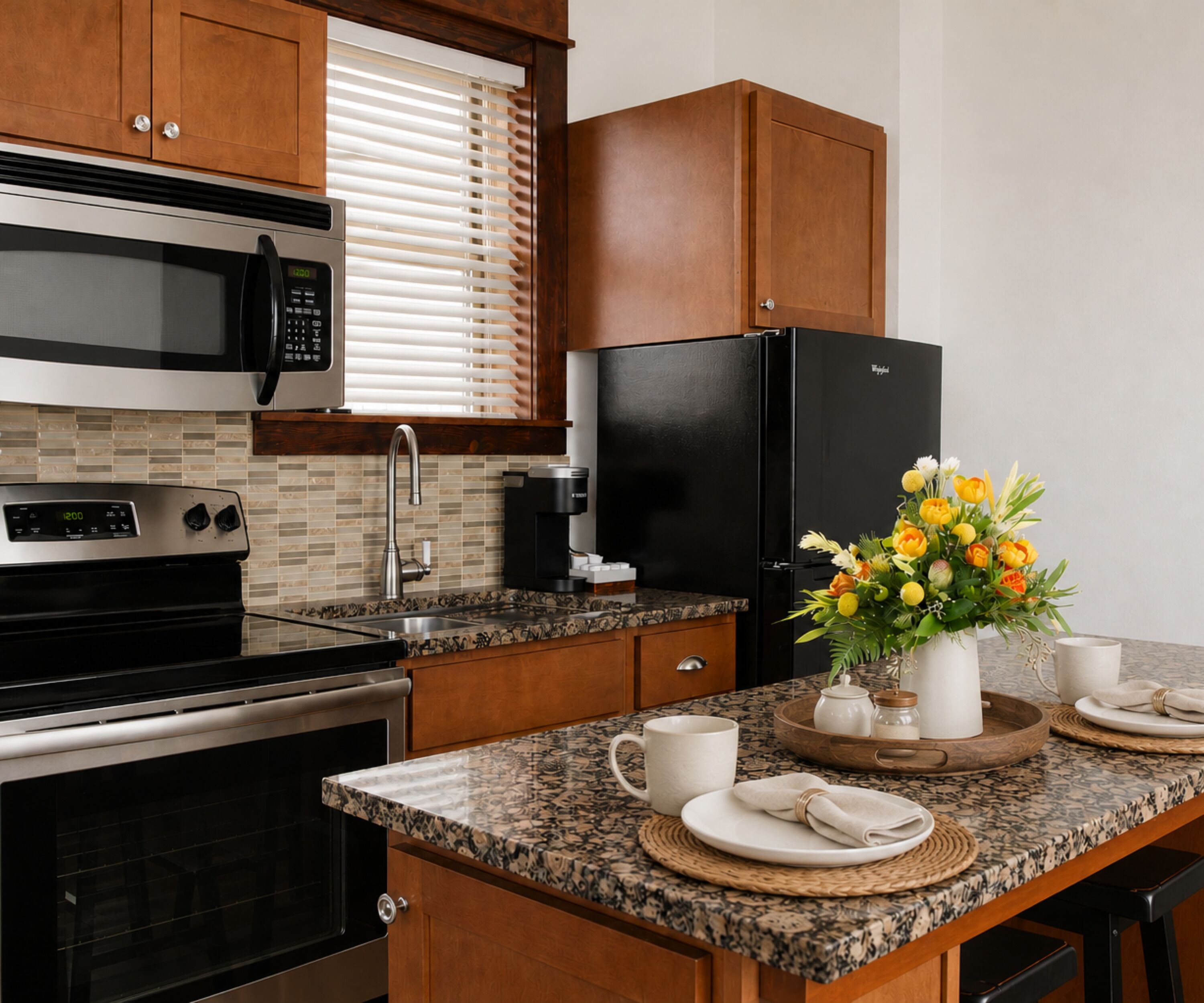 A modern kitchen with a microwave, oven, refrigerator, and granite countertop.