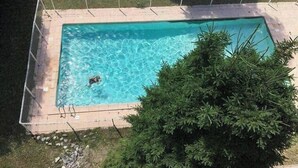 Ein rechteckiger Pool mit einem Metallzaun, umgeben von einer Rasenfläche und einem dichten Grünpflanzenbusch.