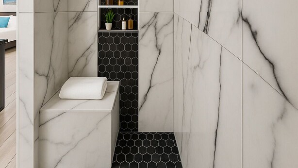 Een badkamer met een witte marmeren wand en vloer, een zwart mozaïek achterwand van hexagontegels, en een ingebouwd plankje met toiletartikelen.