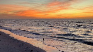 Ein Strand mit Wellen bei Sonnenuntergang.