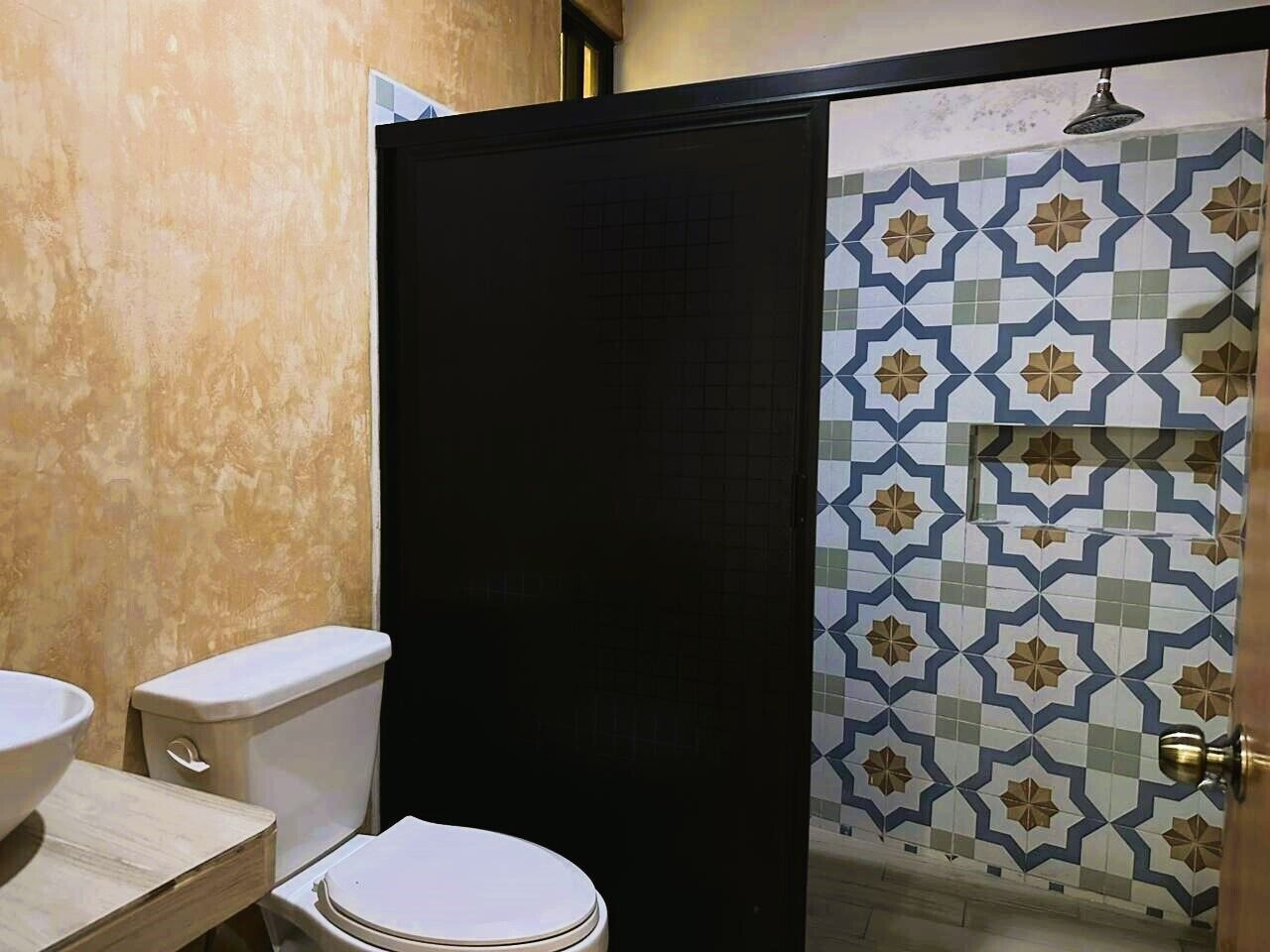 Shower, towels, soap, toilet paper