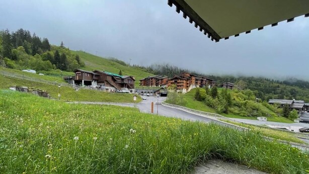 Une région montagneuse avec des bâtiments en bois, une route asphaltée et un premier plan verdoyant.
