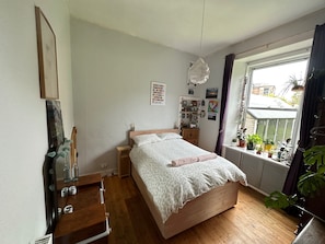 A bedroom with a wooden bed, a nightstand, a dresser, a window with curtains, and a shelf with plants.