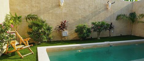 A swimming pool with a beige wall, two bull skull decorations, and various potted plants.