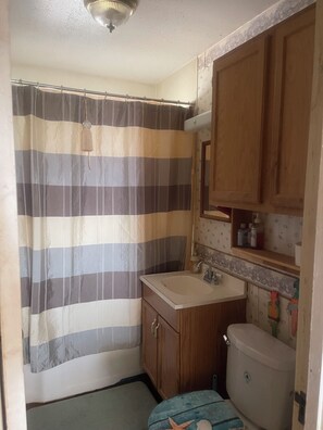 Hair dryer, towels, soap, shampoo