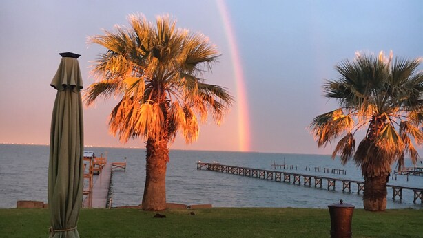 A wooden table with a green umbrella, two palm trees, and a pier extending into the water. - Charming 2-bedroom house with WiFi, AC in welcoming Port Lavaca (Port Lavaca)