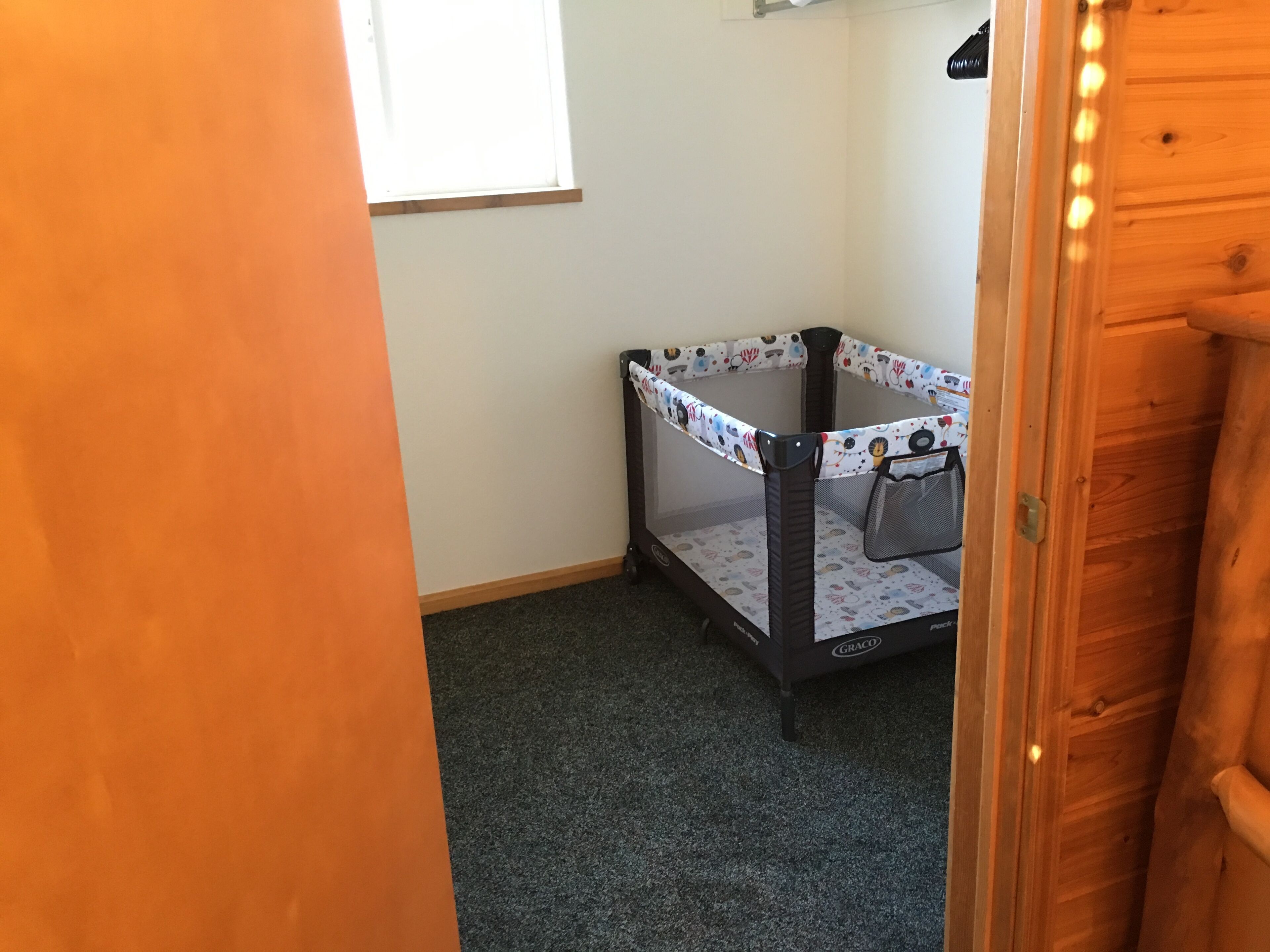 A room with a baby playpen, carpeted floor, and a wooden door.
