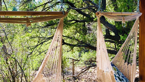 Two hammocks suspended between trees in a wooded area.