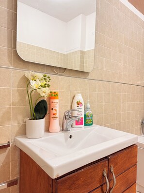 Shower, jetted tub, hair dryer, bidet