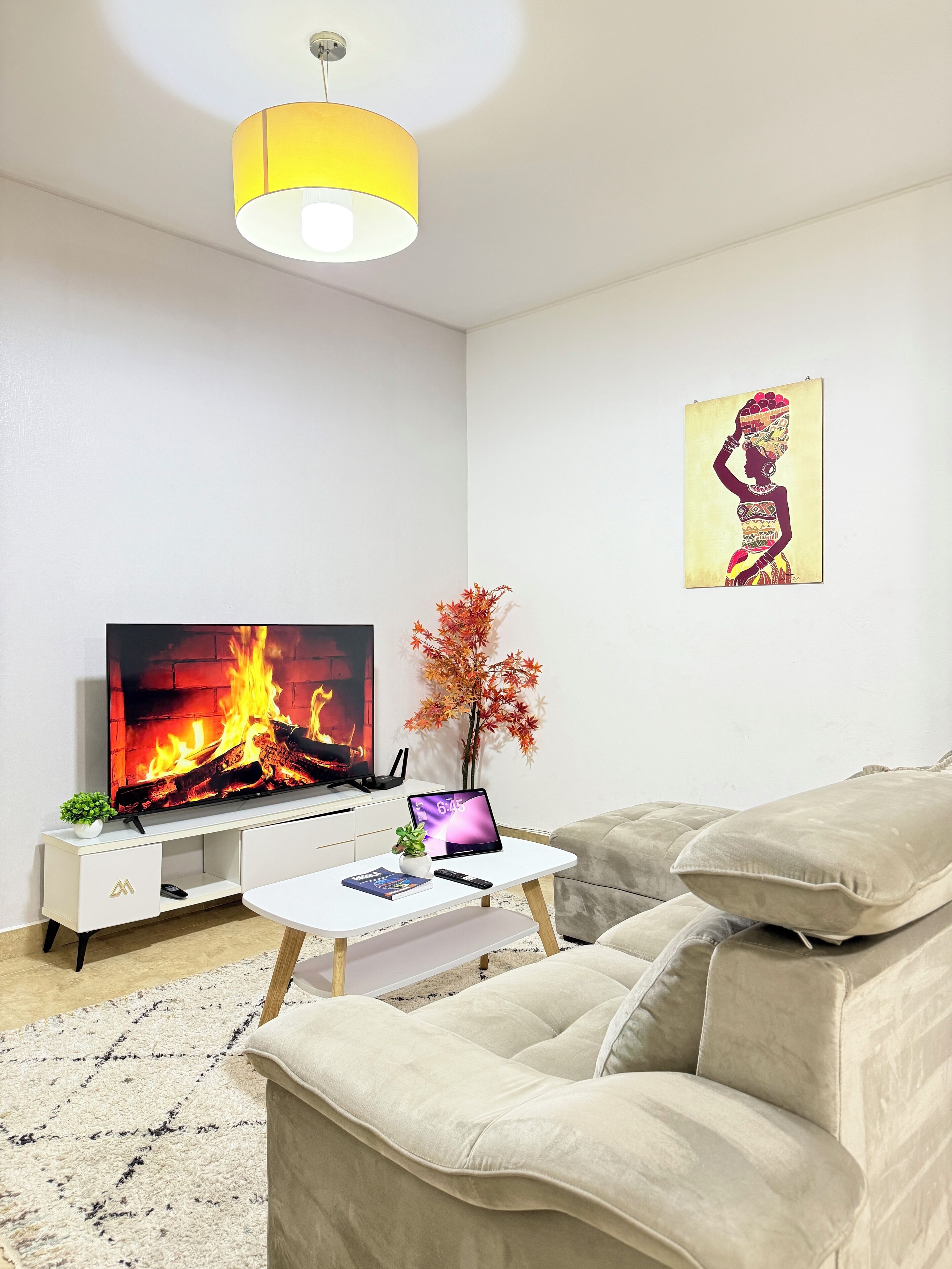 Smart TV, fireplace, stereo