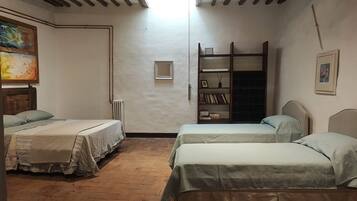 A room with two single beds, a wooden ceiling, a radiator, a bookshelf, and a painting on the wall.