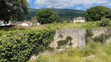 A stone wall with vegetation growing over it, a grassy area with a fence, and houses in the background under a clear sky.