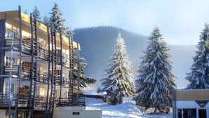 Paisaje nevado con un edificio que tiene varios balcones y una montaña al fondo.