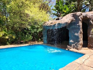Surrounded by lush greenery, this pool features a naturalistic rock formation with a dynamic water feature.