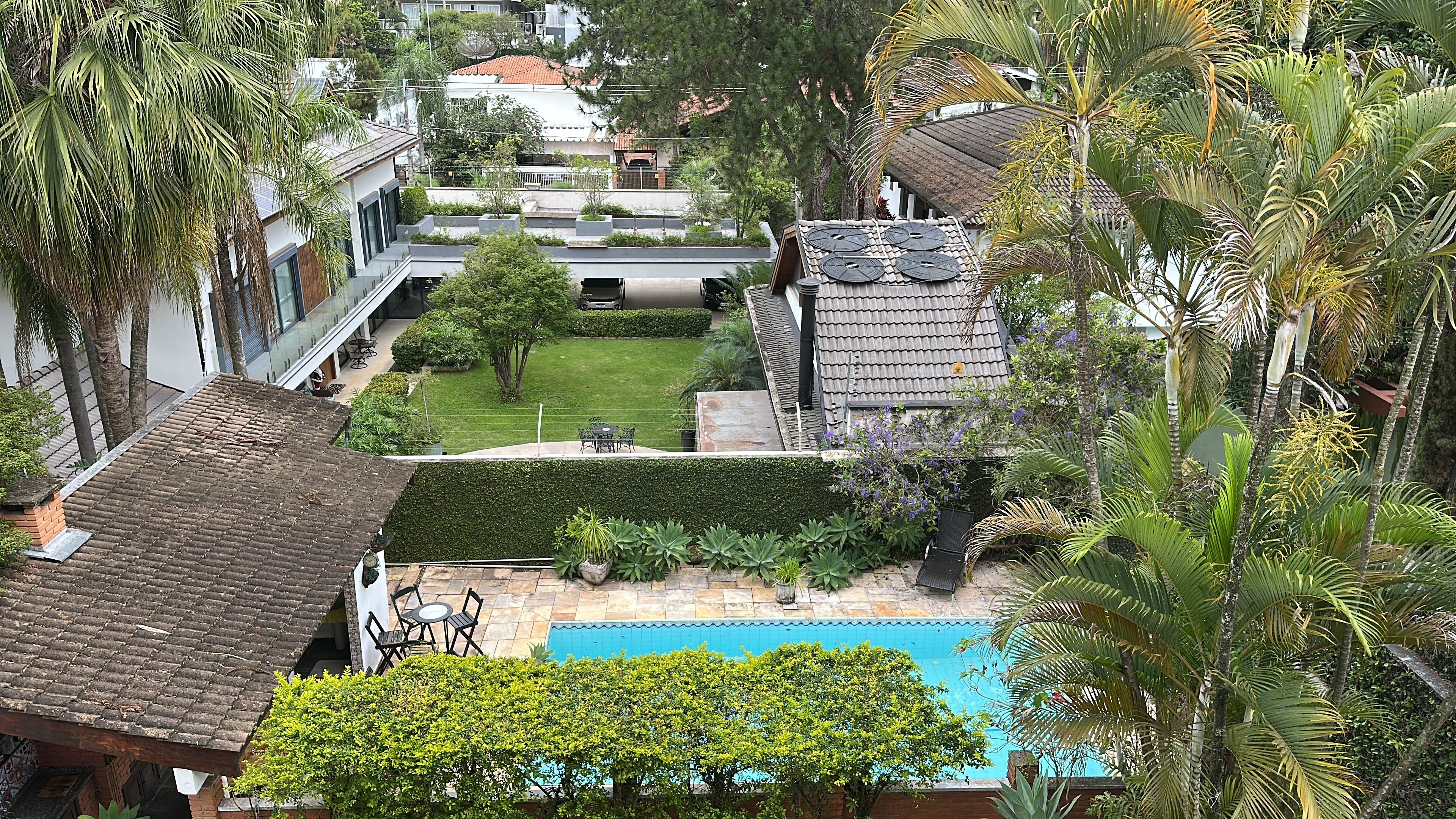 Una zona residencial con piscina, césped verde y palmeras.