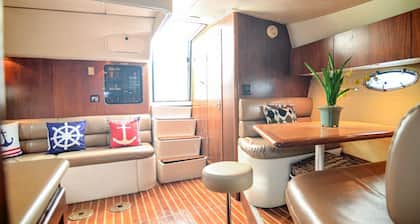 Very luxurious accommodation on a boat, room, bathroom and fine wood finishes.