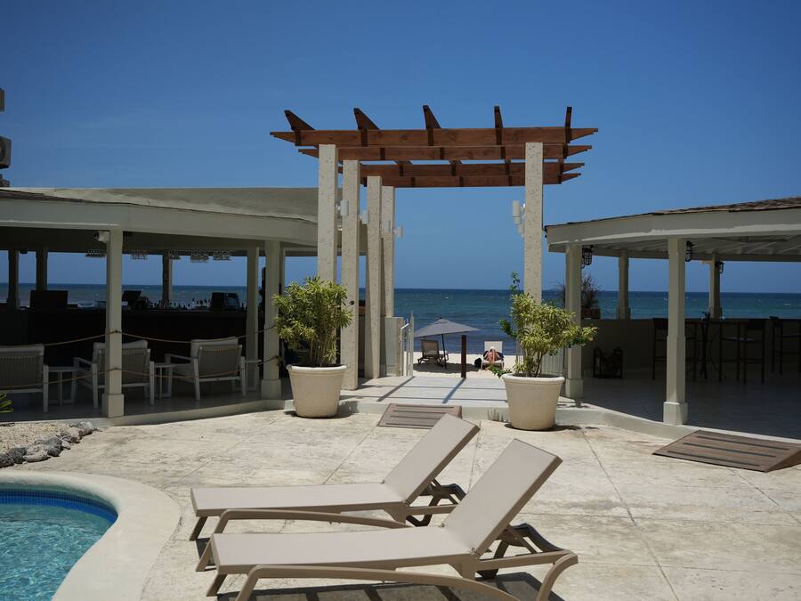 A pool area with lounge chairs, a pergola, and potted plants.