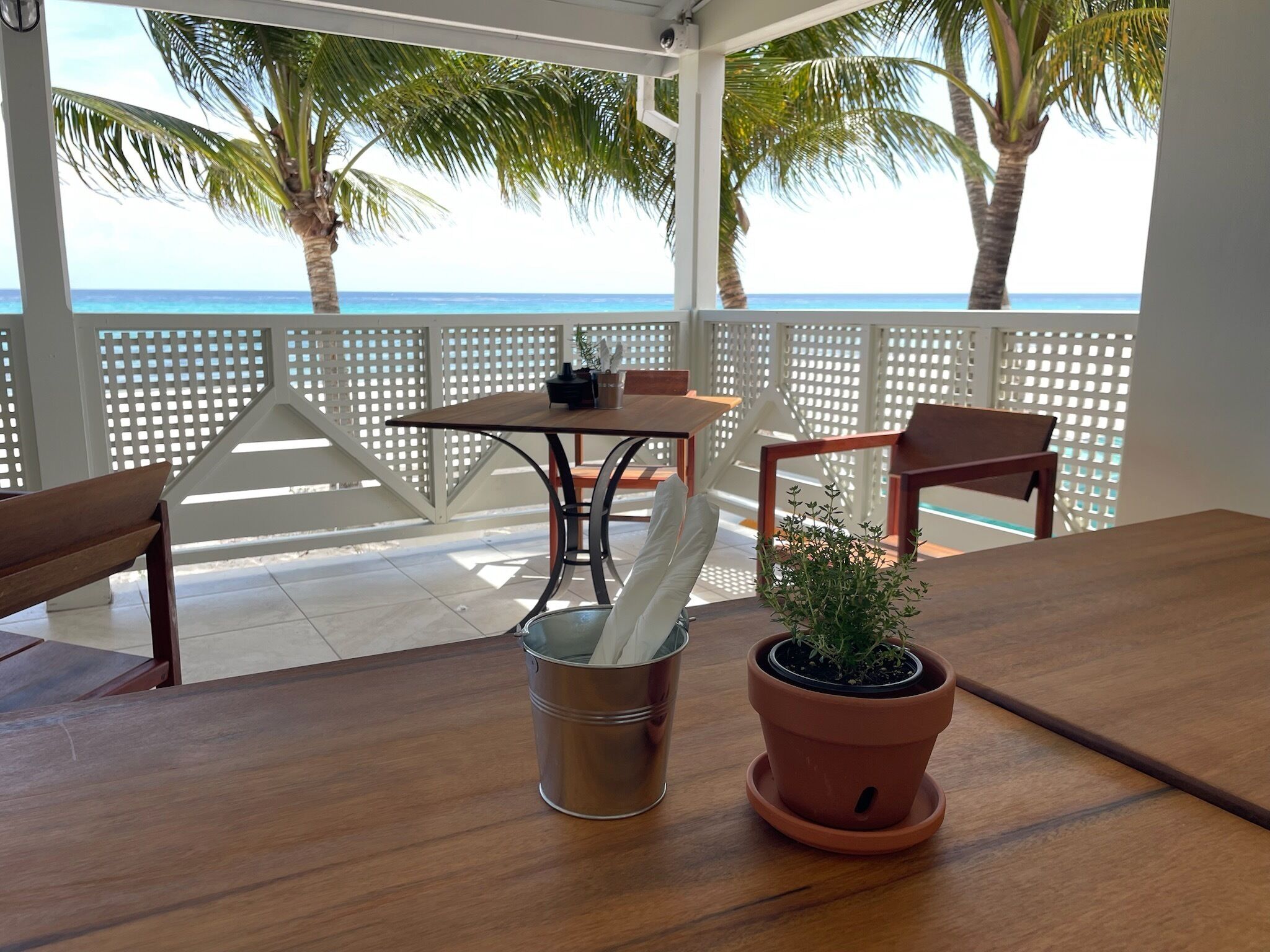 Una mesa de madera con un cubo metálico y una maceta de terracota con una planta. Se observa una valla de celosía blanca y palmeras al fondo.